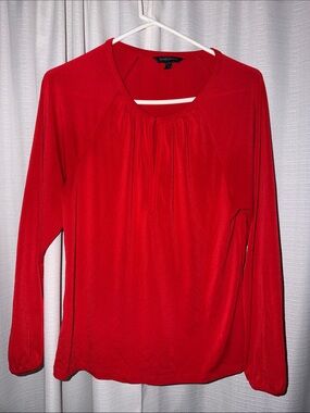 Banana Republic Red Long-Sleeve Pleated Neck Top